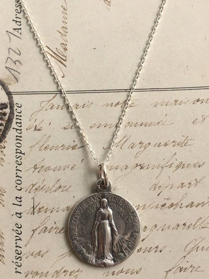 Miraculous Medal - Sterling Silver 3/4" Round Antique Replica Pendant