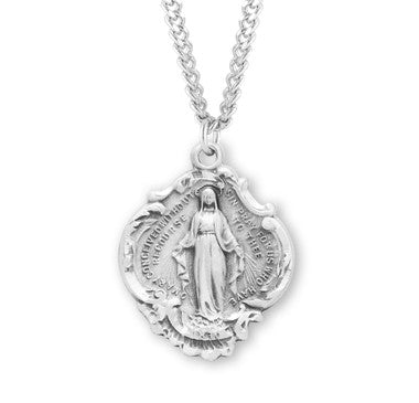 Baroque Style Miraculous Medal Necklace - Sterling Silver Pendant On 24" Stainless Chain (S117024)