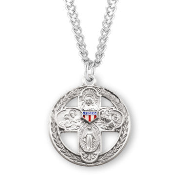 Military 4-Way Medal Necklace - Sterling Silver 1" Round Pendant On 24" Stainless Chain (S144524)