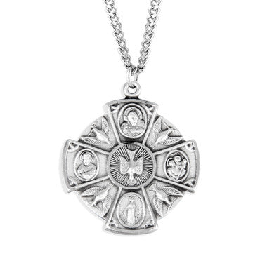 Round Holy Spirit 5-Way Medal Necklace - Sterling Silver Pendant on 24" Stainless Chain (S145324)
