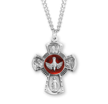 Red 5-Way Medal Necklace - Sterling Silver 1.2" x 0.9" Pendant on 24" Stainless Chain (S1457RD24)