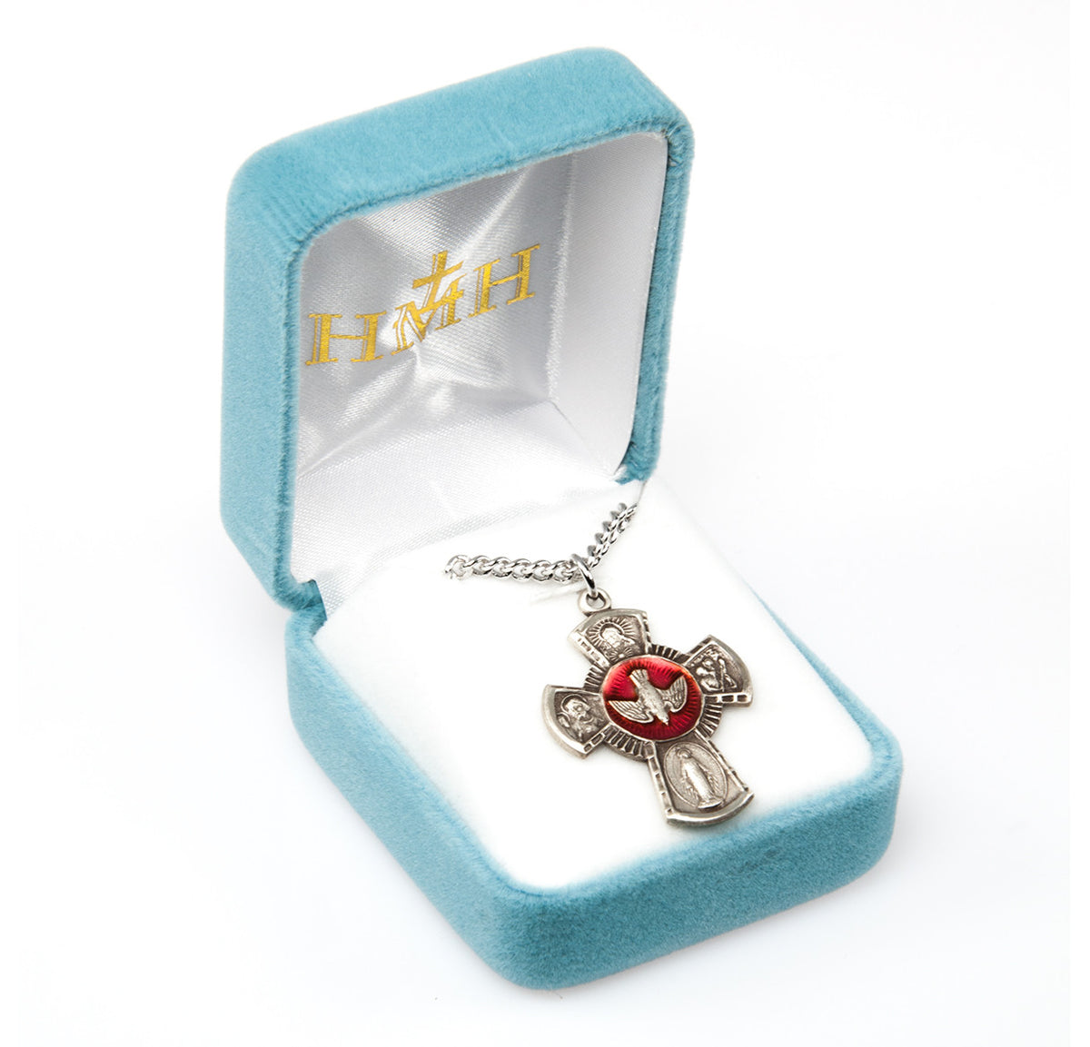 Red 5-Way Medal Necklace - Sterling Silver 1.2" x 0.9" Pendant on 24" Stainless Chain (S1457RD24)