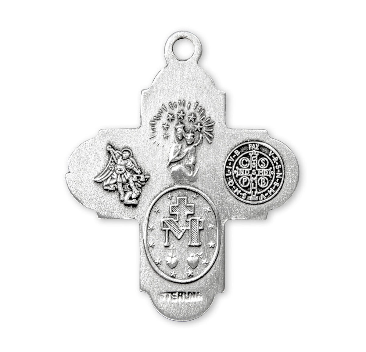 St. Benedict 4-Way Medal Necklace - Sterling Silver 1.1" x 0.9" Pendant on 24" Stainless Chain (S145924)