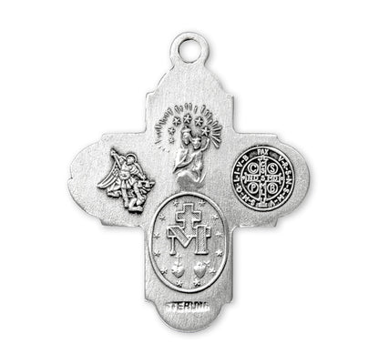 St. Benedict 4-Way Medal Necklace - Sterling Silver 1.1" x 0.9" Pendant on 24" Stainless Chain (S145924)