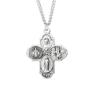 St. Benedict 4-Way Medal Necklace - Sterling Silver 1.1" x 0.9" Pendant on 24" Stainless Chain (S145924)