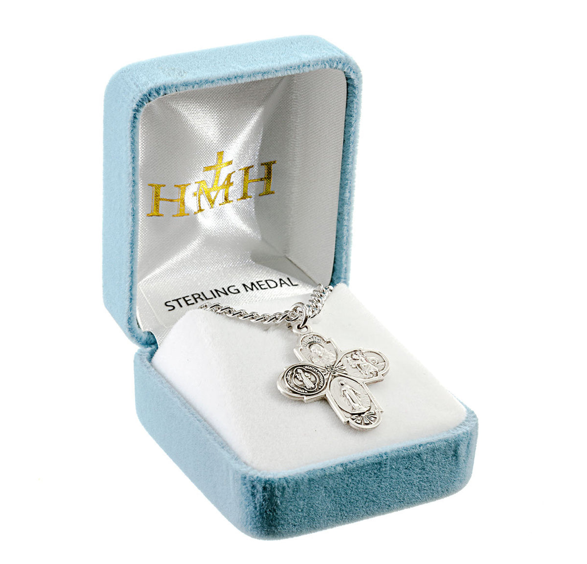 St. Benedict 4-Way Medal Necklace - Sterling Silver 1.1" x 0.9" Pendant on 24" Stainless Chain (S145924)
