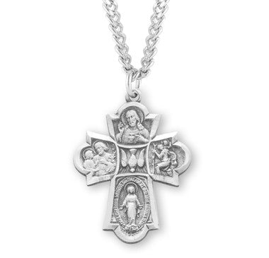 Men's 5-Way Medal Necklace - Sterling Silver 1.2" x 0.9" Medal On 24" Stainless Chain (S147024)