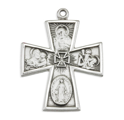 4-Way Medal Necklace - Sterling Silver 1.2" x 0.9" Pendant on 24" Stainless Chain (S149124)