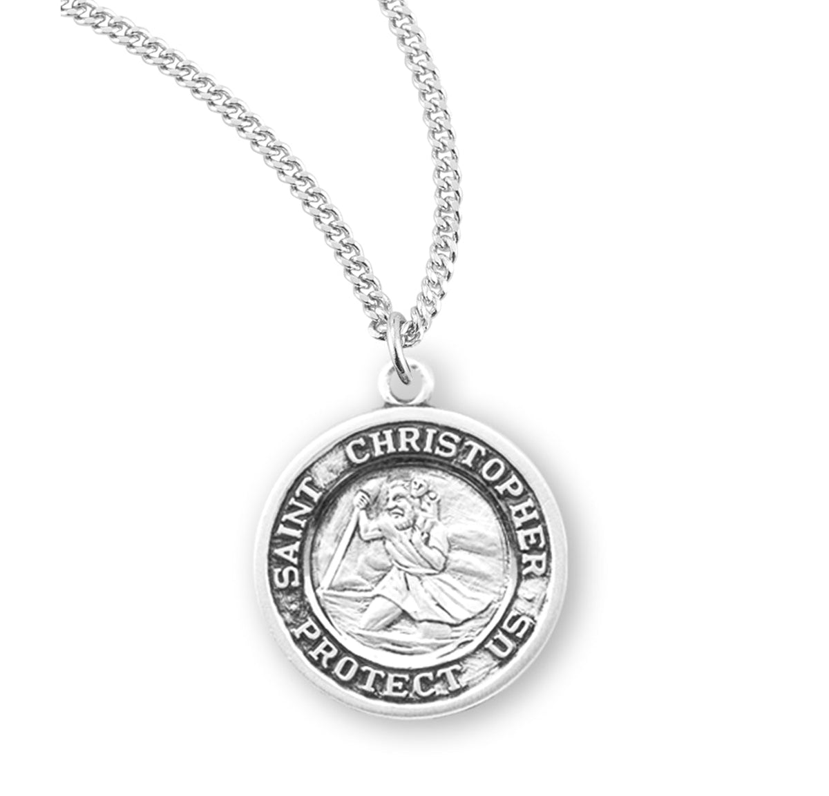 St. Christopher Sterling Silver Medal On A 18" Stainless Chain - Sterling Silver 7/8" x 3/4" Round Pendant