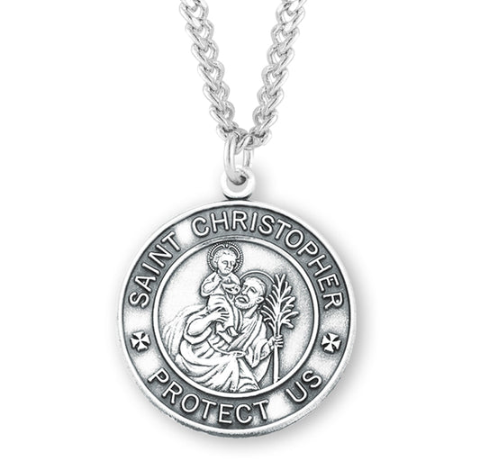 St. Christopher Sterling Silver Medal On A 24" Stainless Chain - Sterling Silver 1 1/8" x 15/16" Round Pendant