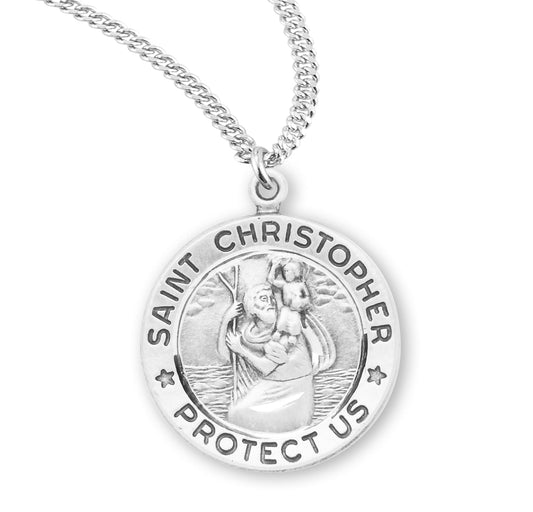 St. Christopher Sterling Silver Medal On A 20" Stainless Chain - Sterling Silver 15/16" x 13/16" Round Pendant