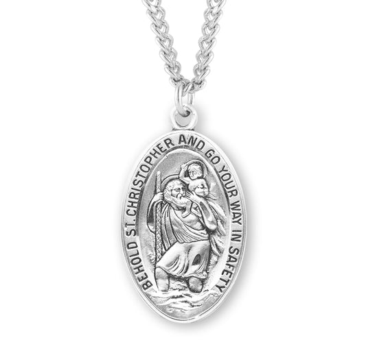 St. Christopher Sterling Silver Medal On A 24" Stainless Chain - Sterling Silver 1 3/8" x 3/4" Oval Pendant