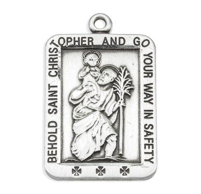 St. Christopher Rectangular Sterling Silver Necklace On A 24" Stainless Chain (S1520)