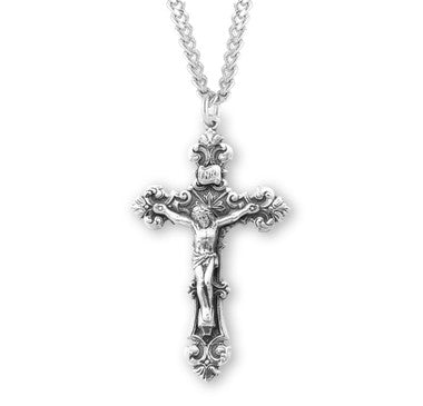 Scroll Relief Crucifix Necklace - Sterling Silver Pendant on 24" Stainless Chain (S15324)