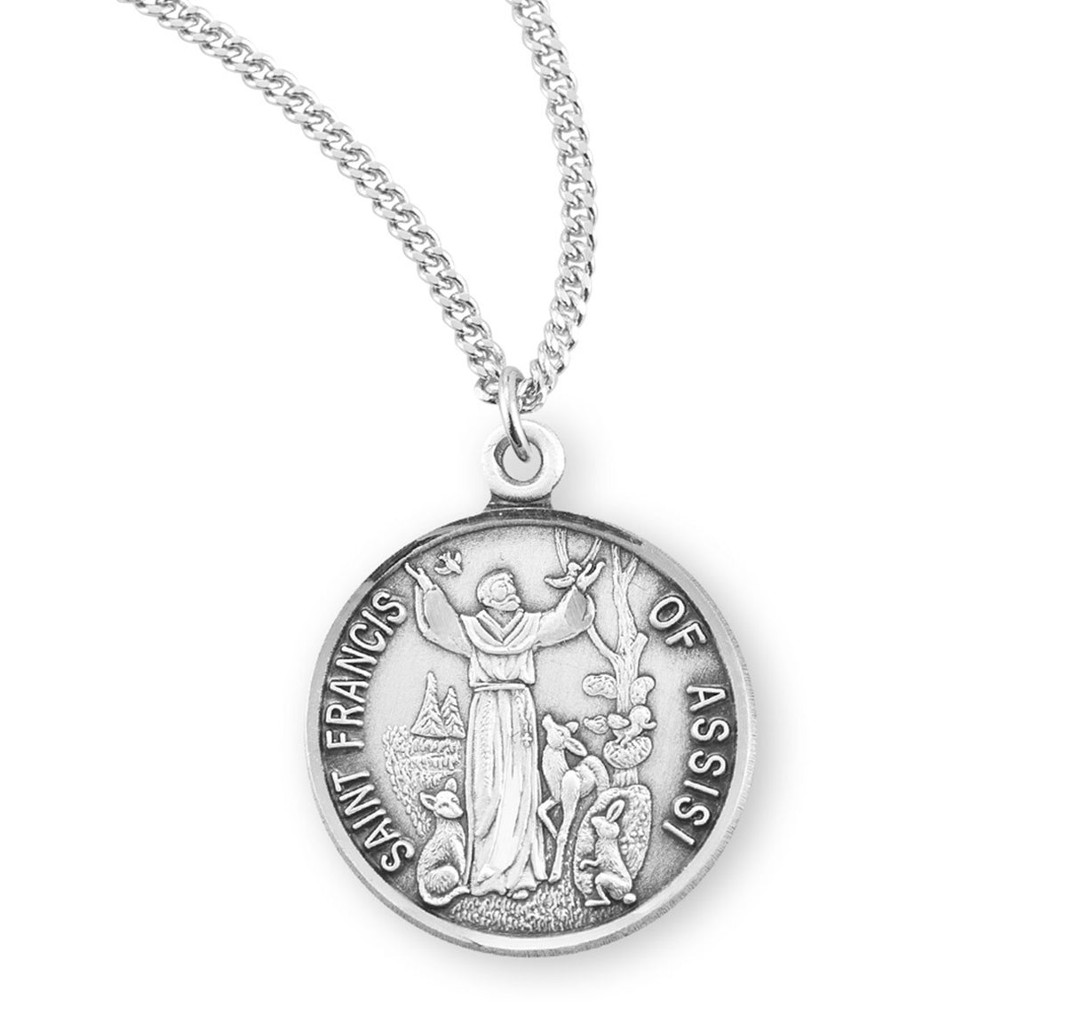 St. Francis of Assisi with Animals Necklace - Sterling Silver Round Pendant on 18" Stainless Chain