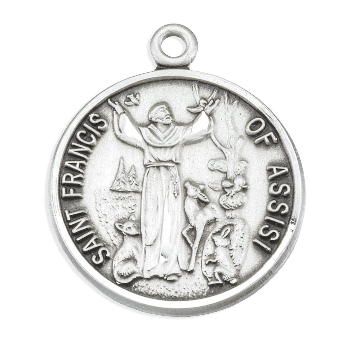 St. Francis of Assisi with Animals Necklace - Sterling Silver Round Pendant on 18" Stainless Chain (S158718)