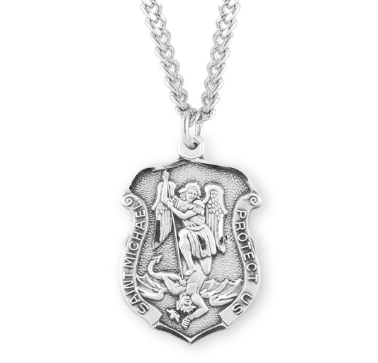 Mens St. Michael Badge Necklace - Sterling Silver Pendant On 24" Stainless Chain