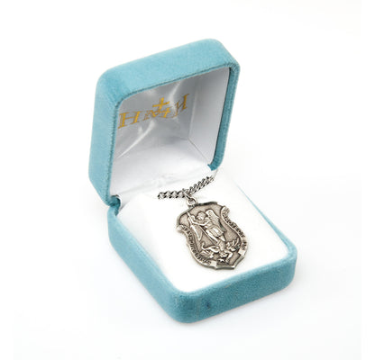 Mens St. Michael Badge Necklace - Sterling Silver Pendant On 24" Stainless Chain (S160624)