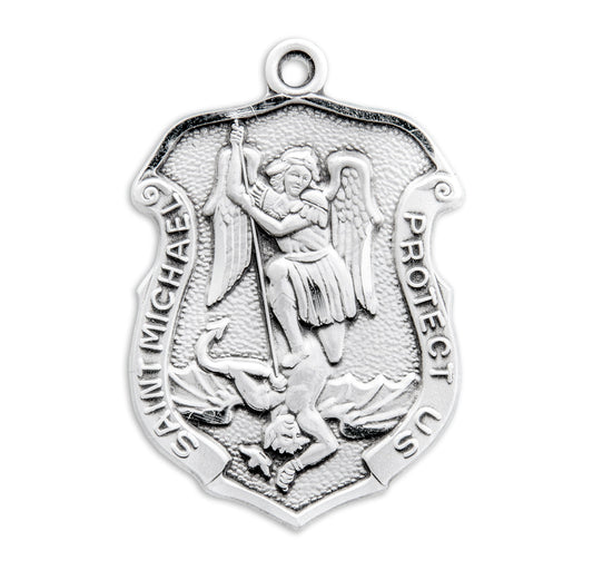 Mens St. Michael Badge Necklace - Sterling Silver Pendant On 24" Stainless Chain (S160624)