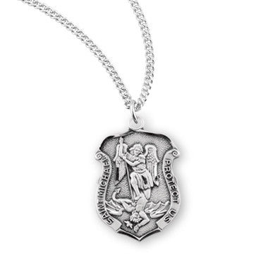 Womens St. Michael Badge Necklace - Sterling Silver Pendant on 18" Stainless Chain (S161218)