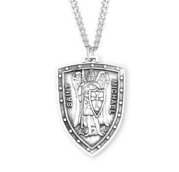 Mens St. Michael Shield Necklace - Sterling Silver Pendant on 24" Stainless Chain (S161724)