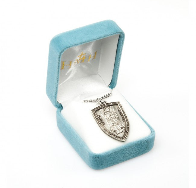 Mens St. Michael Shield Necklace - Sterling Silver Pendant on 24" Stainless Chain (S161724)