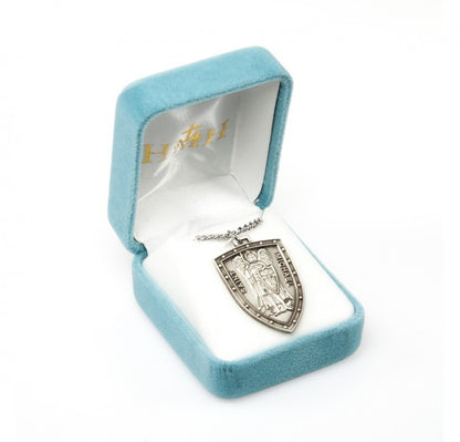 Mens St. Michael Shield Necklace - Sterling Silver Pendant on 24" Stainless Chain (S161724)