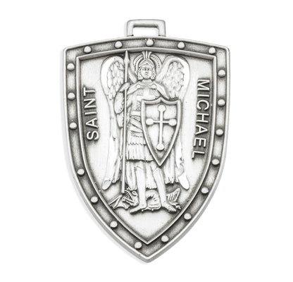 Mens St. Michael Shield Necklace - Sterling Silver Pendant on 24" Stainless Chain (S161724)