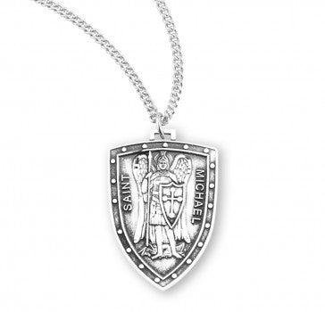Womens St. Michael Shield Necklace - Sterling Silver Pendant on 18" Stainless Chain (S162118)