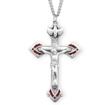 Red Holy Spirit Crucifix Necklace - Sterling Silver Pendant on 24" Stainless Steel Chain (S163RD24)
