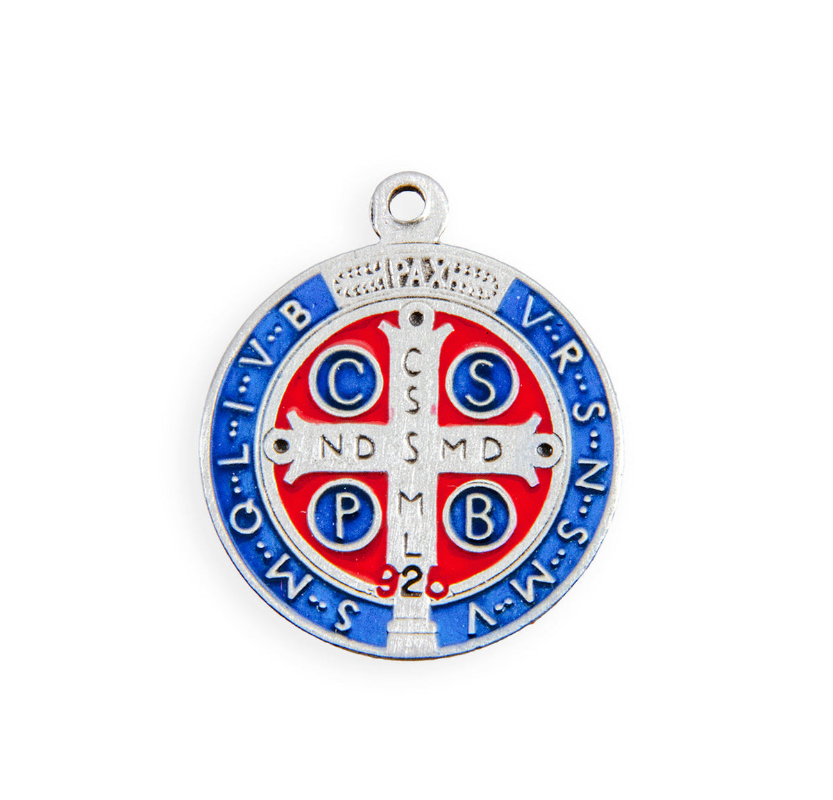 St. Benedict Jubilee Blue & Red Medal Necklace - Sterling Silver Pendant (0.6" Round) on 18" Stainless Chain (S1680BE18)