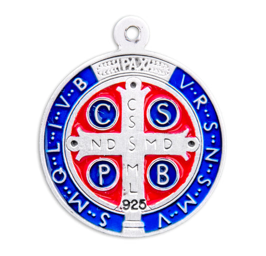 St. Benedict Jubilee Blue & Red Medal Necklace - Sterling Silver Pendant (0.9" Round) on 24" Endless Stainless Chain (S1681BE24)