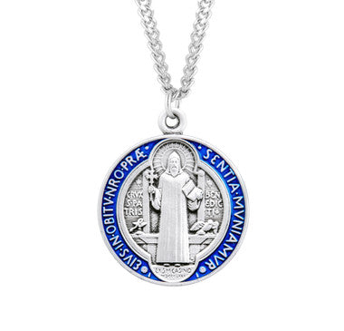 St. Benedict Jubilee Blue & Red Medal Necklace - Sterling Silver Pendant (0.9" Round) on 24" Endless Stainless Chain (S1681BE24)
