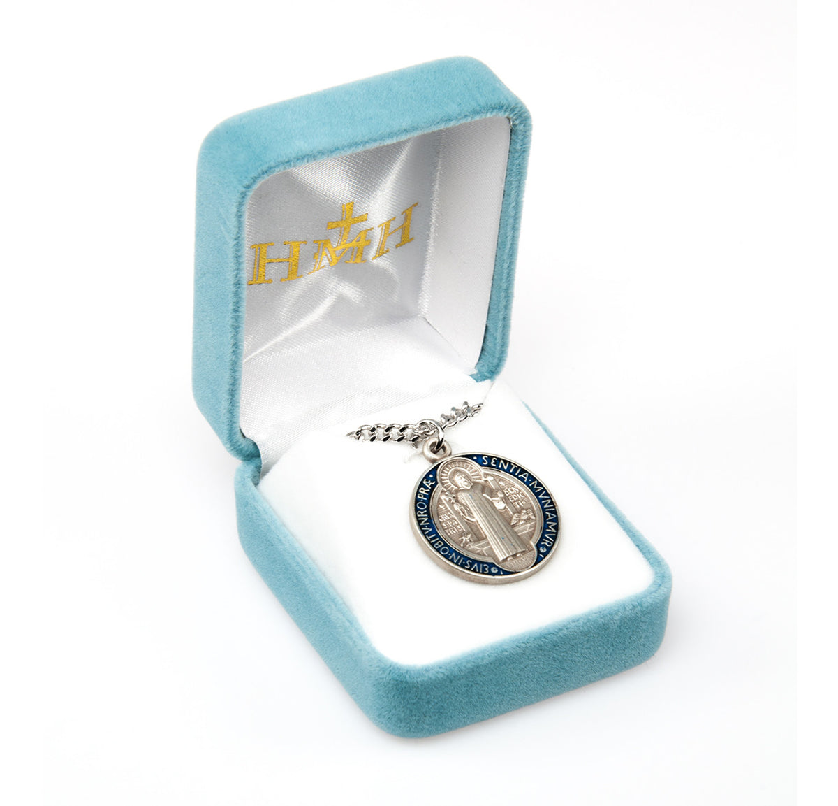 St. Benedict Jubilee Blue & Red Medal Necklace - Sterling Silver Pendant (0.6" Round) on 18" Stainless Chain (S1680BE18)