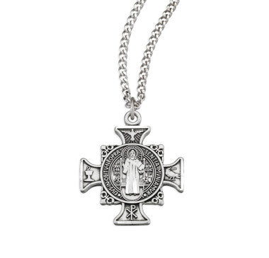 St. Benedict Maltese Cross Necklace - Sterling Silver Pendant On 24" Stainless Steel Chain (S168824)