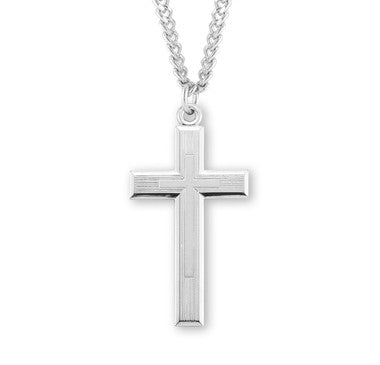 Engraved Mens Cross Necklace - Sterling Silver Pendant on 24" Stainless Chain (S170924)