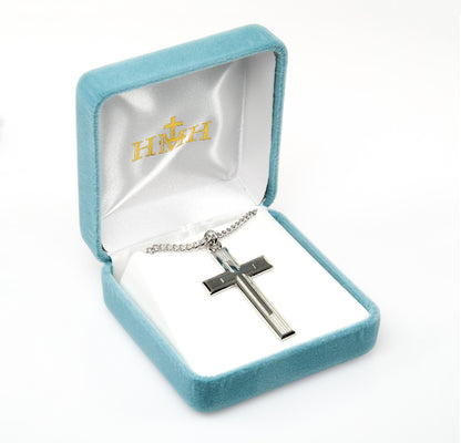 Engraved Mens Cross Necklace - Sterling Silver Pendant on 24" Stainless Chain (S170924)