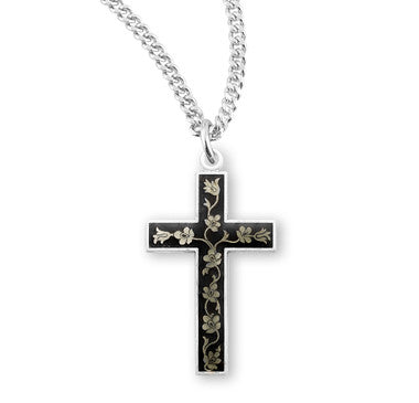 Black Flowered Cross Necklace - Sterling Silver Pendant on 18" Stainless Chain (S1741BK18)