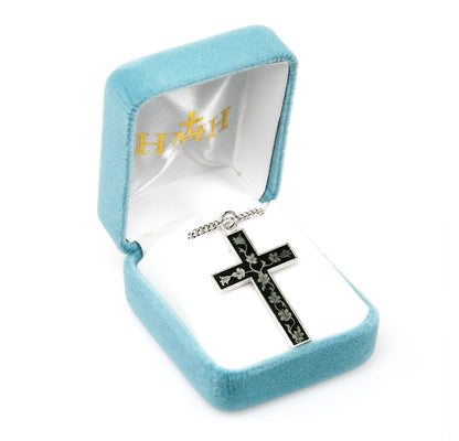 Black Flowered Cross Necklace - Sterling Silver Pendant on 18" Stainless Chain (S1741BK18)