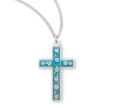 Blue Flowered Cross Necklace - Sterling Silver Pendant on 18" Stainless Chain (S1741BL18)