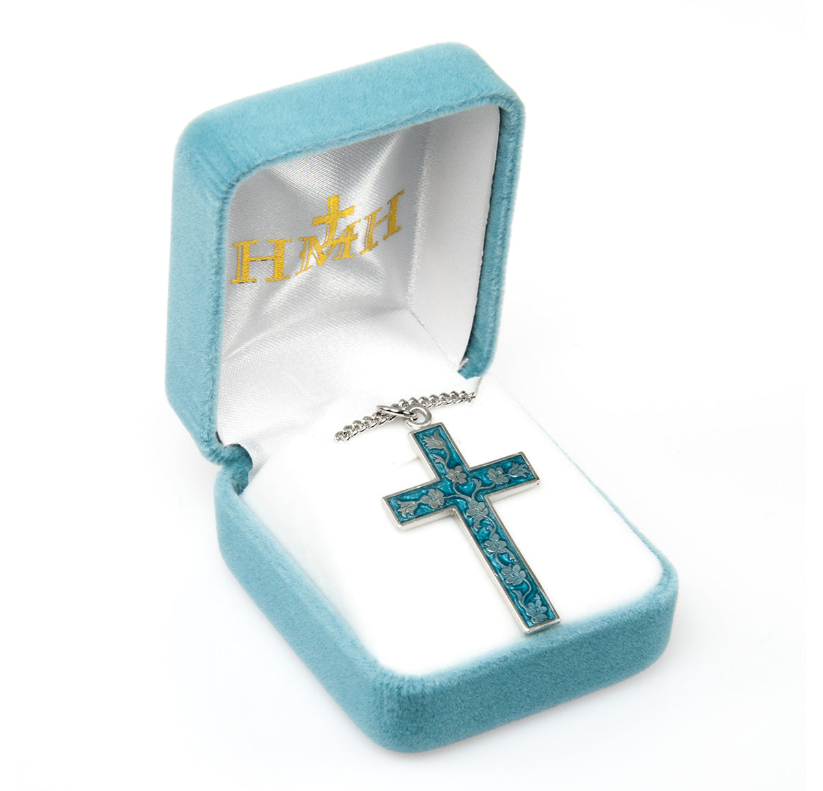 Blue Flowered Cross Necklace - Sterling Silver Pendant on 18" Stainless Chain (S1741BL18)