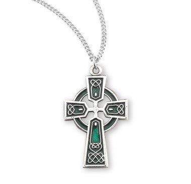 Green Irish Celtic Cross Necklace - Sterling Silver Pendant on 18" Stainless Chain (S1794E18)
