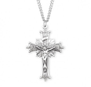 Extra Large Sunburst Crucifix Necklace - Sterling Silver Pendant on 24" Stainless Chain (S18024)