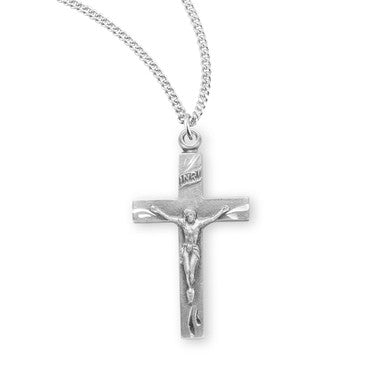 Basic Engraved Crucifix Necklace - Sterling Silver 1.1" Pendant on 18" Stainless Chain (S181018)