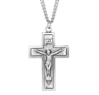 Wide Cross Engraved Crucifix Necklace - Sterling Silver Pendant on 24" Stainless Chain (S181824)