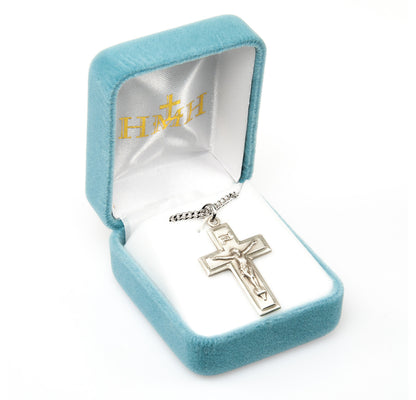 Wide Cross Engraved Crucifix Necklace - Sterling Silver Pendant on 24" Stainless Chain (S181824)