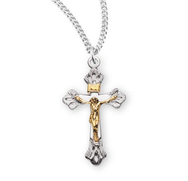 Flare Tipped Two-Tone Crucifix Necklace - Sterling Silver Pendant On 18" Stainless Chain (S1819TT18)