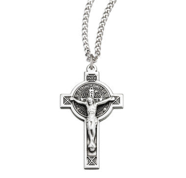 Womens Jubilee St. Benedict  Crucifix Necklace - Sterling Silver Pendant on 18" Stainless Chain (S18718)