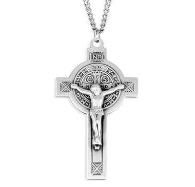 Mens Jubilee St. Benedict  Crucifix Necklace - Sterling Silver Pendant on 24" Stainless Chain (S18824)