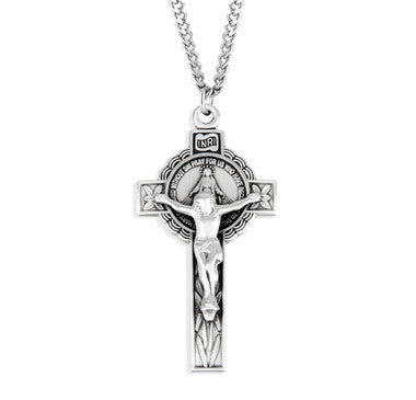 Double-Sided Miraculous Medal Crucifix Necklace - Sterling Silver Pendant On 24" Stainless Steel Chain (S19124)